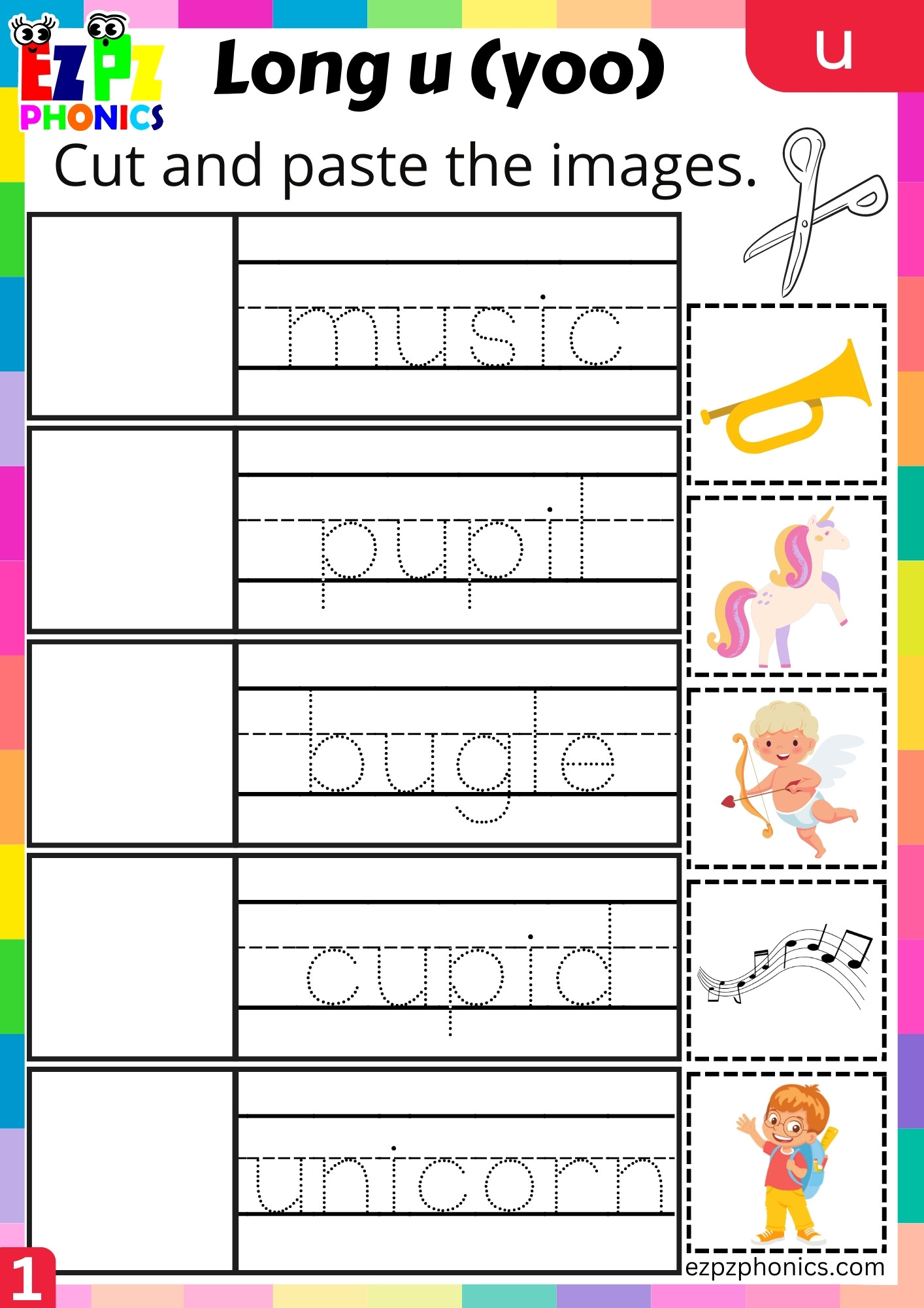 Cut and Paste the Images Worksheet PDF Download for u Words Long u (yoo) Sound